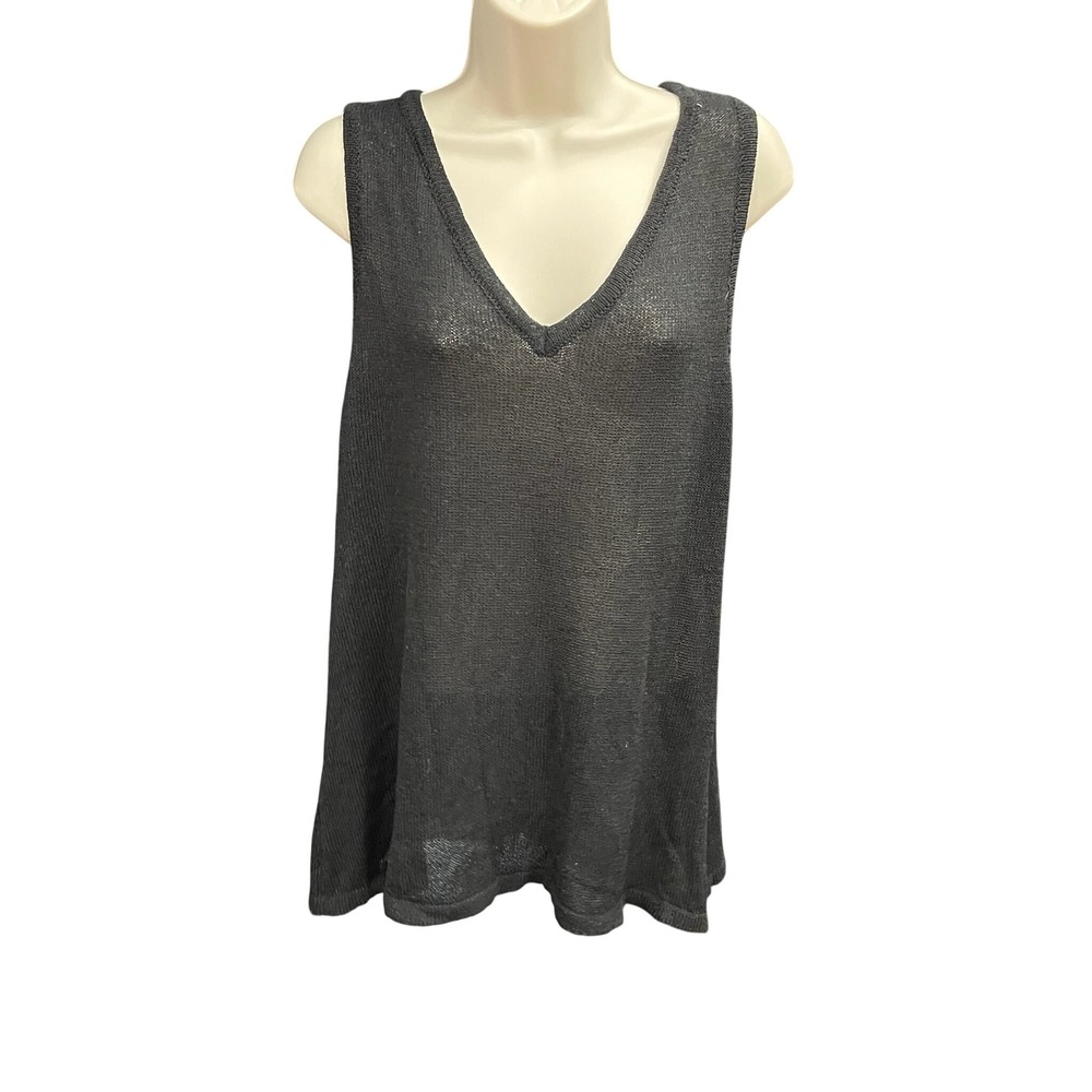 Kirundo Womens‎ Black Knit V-Neck Tank Top Sleeveless Semi-Sheer Relaxed Fit L
